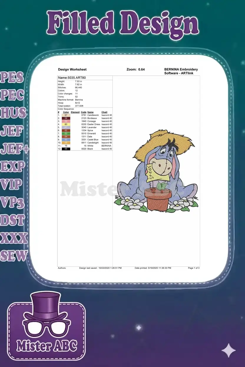 Embroidery design worksheet for Eeyore, detailing dimensions, stitch count, color sequence, and machine format.