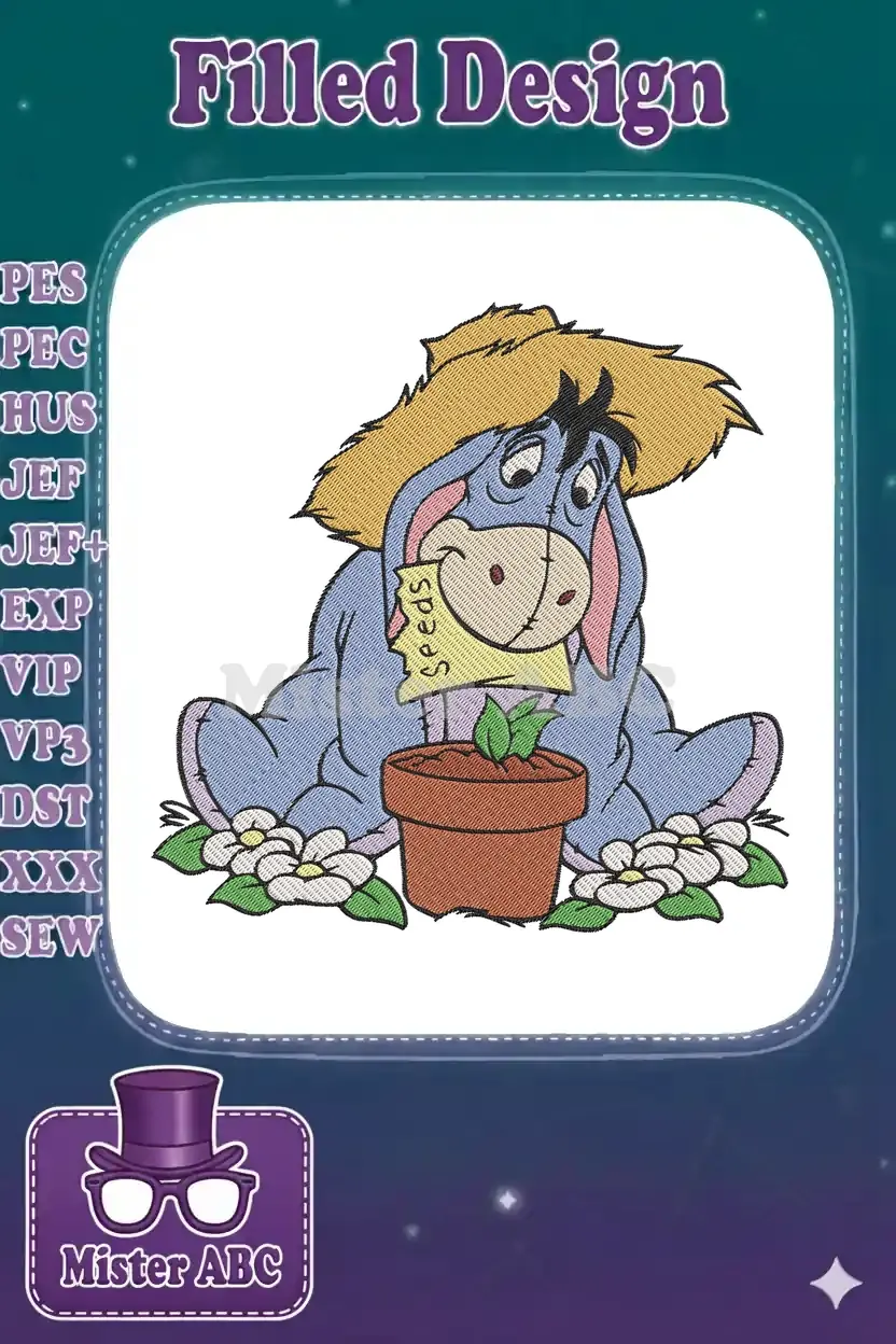 Adorable Eeyore embroidery design, wearing a straw hat, holding a 'Seeds' packet, with a potted plant and flowers.