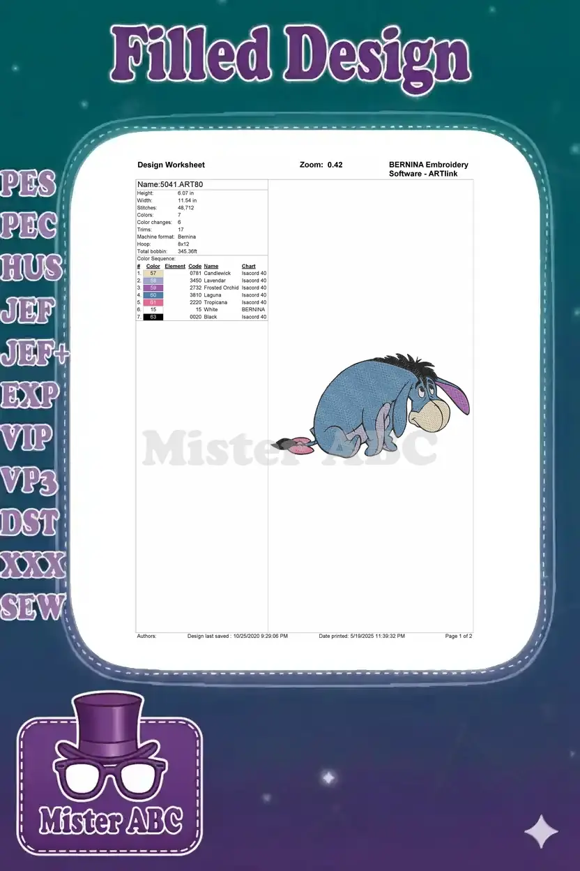 An embroidery design worksheet for Eeyore, detailing dimensions, stitch count, color chart, and design name.