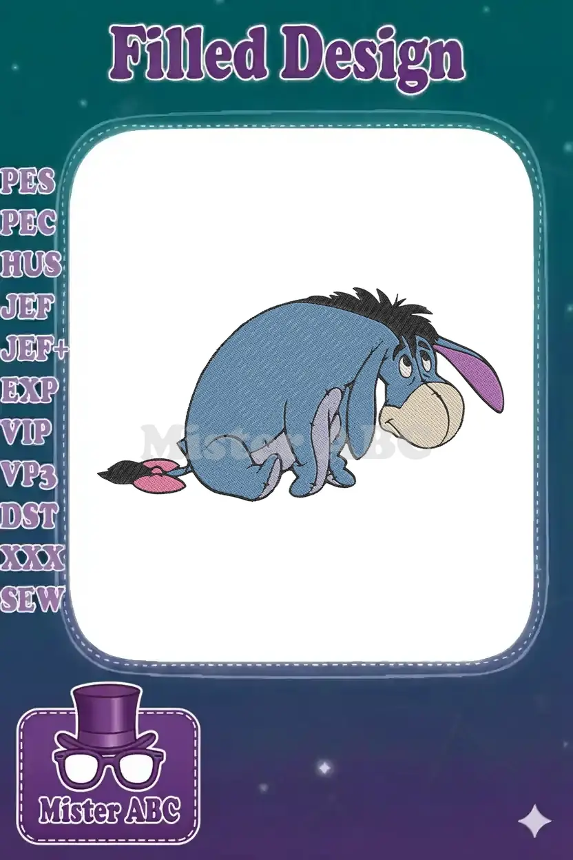 A beautifully digitized embroidery design featuring Eeyore, the beloved blue donkey from Winnie the Pooh, sitting.