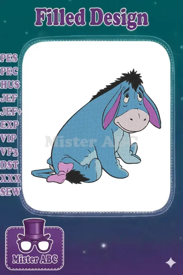 A detailed machine embroidery design of Eeyore, the beloved blue donkey from Winnie the Pooh, sitting with a melancholic expression and a pink bow on his tail.