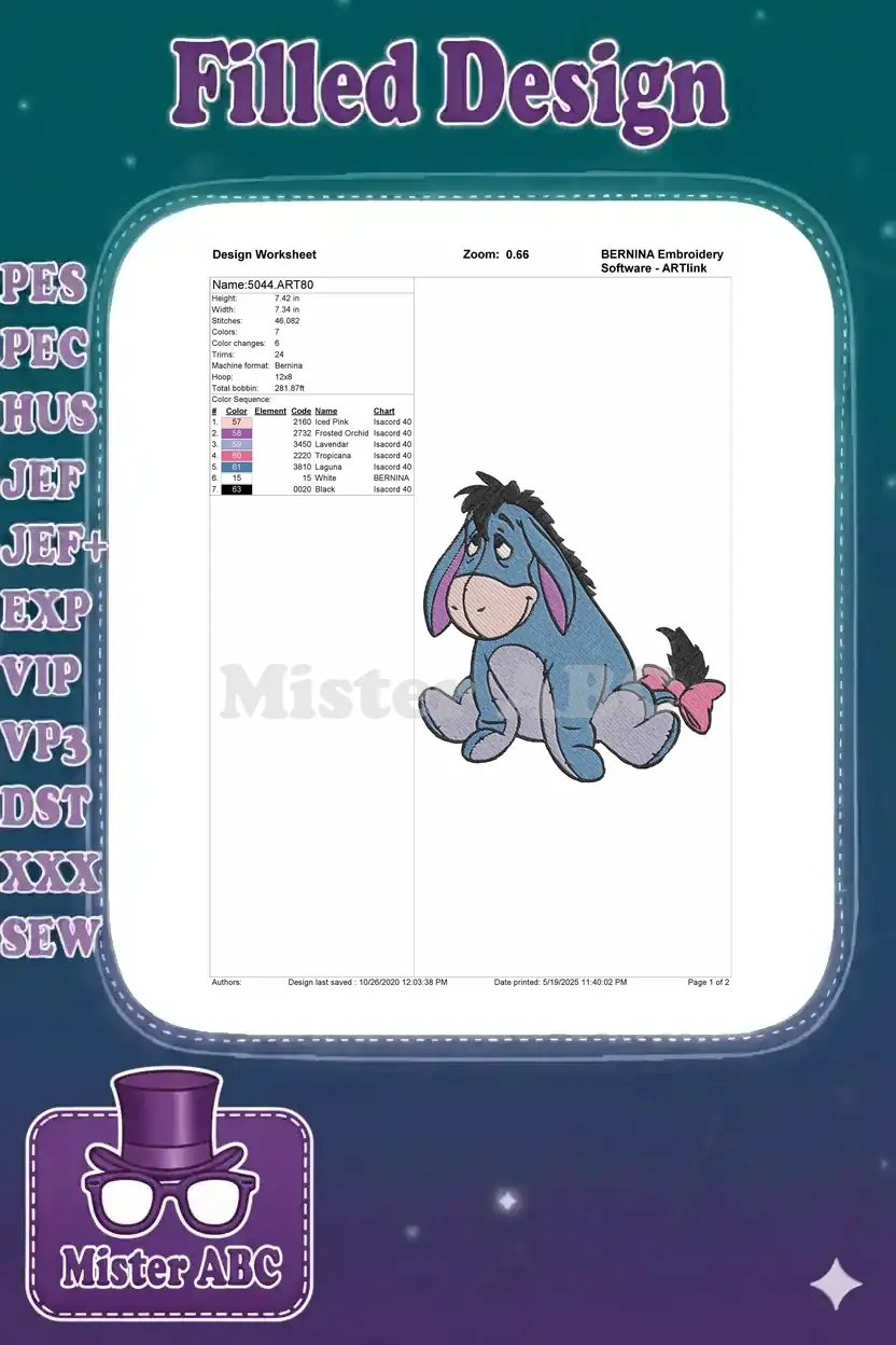 Eeyore embroidery design worksheet detailing dimensions, stitch count, color sequence, and machine compatibility.
