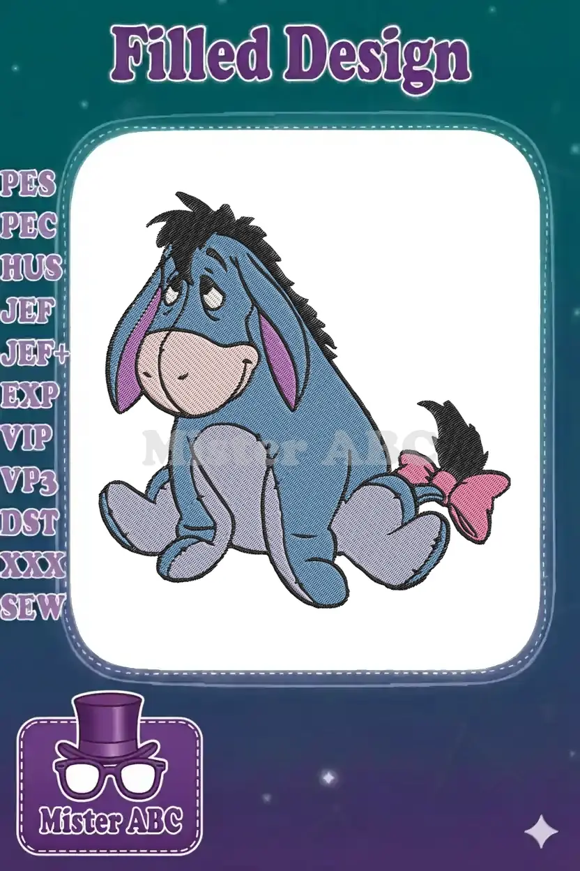 Detailed embroidery design of Eeyore, the beloved blue donkey from Winnie the Pooh, sitting with his signature bow.