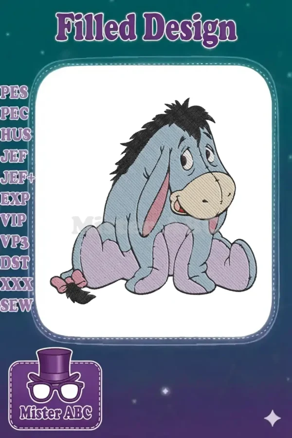 A charming Eeyore embroidery design, featuring the beloved donkey from Winnie the Pooh, rendered in soft blue and purple hues.