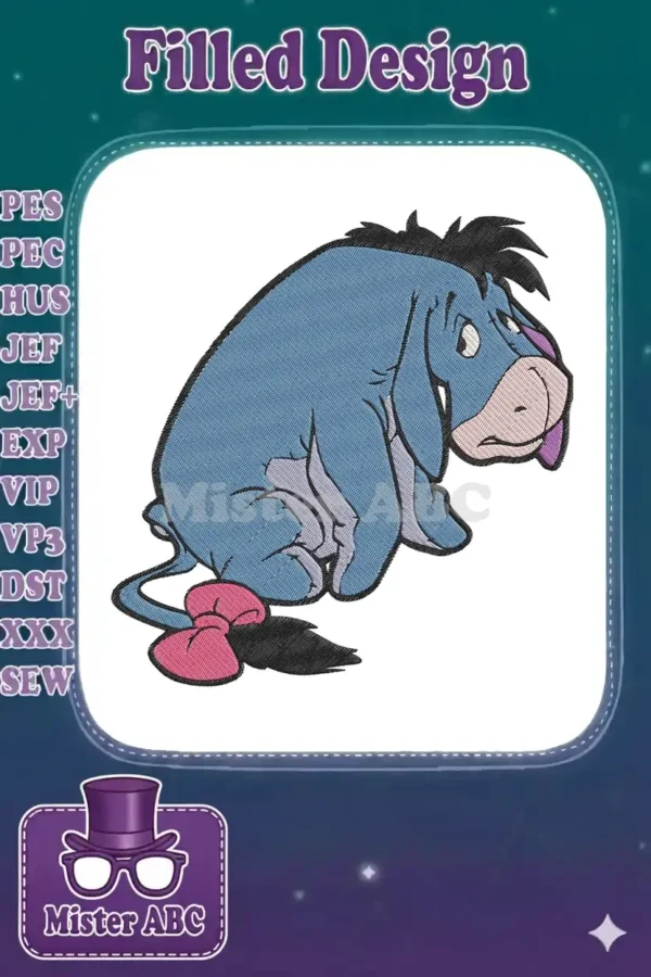 Detailed embroidery design of Eeyore, the beloved blue donkey from Winnie the Pooh, featuring vibrant colors and outline stitching.