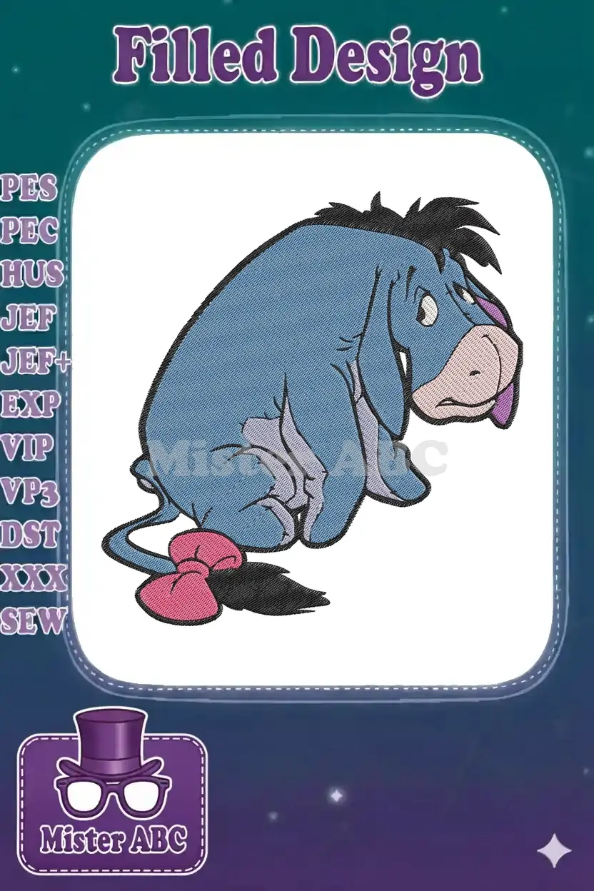 Detailed embroidery design of Eeyore, the beloved blue donkey from Winnie the Pooh, featuring vibrant colors and outline stitching.