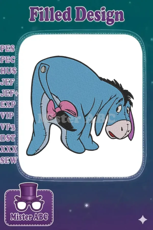 Detailed Eeyore embroidery design, showcasing the classic Winnie the Pooh character with his pink bow and tail.