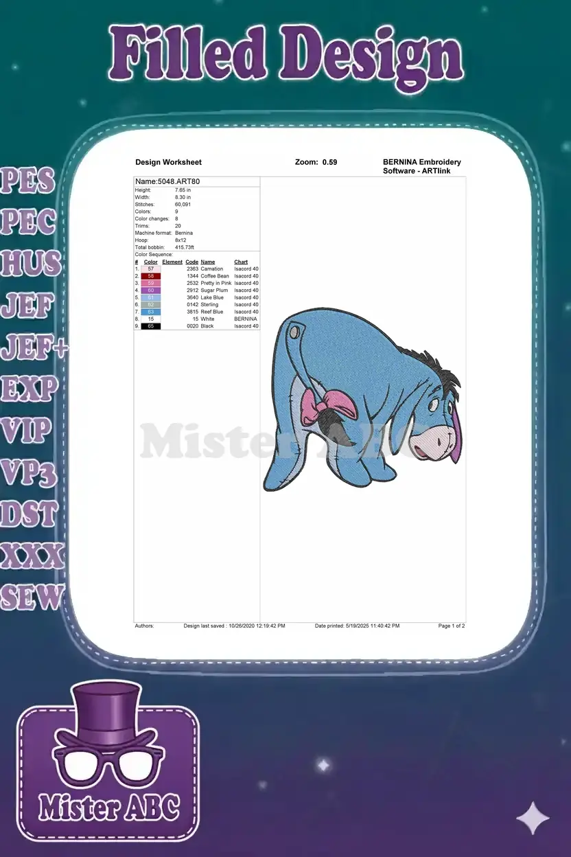 Embroidery design worksheet providing essential details like dimensions, stitch count, colors, and machine compatibility.
