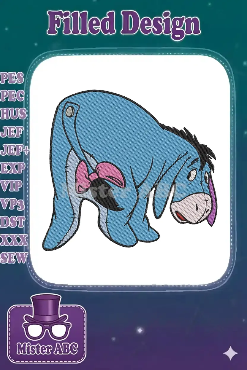Detailed Eeyore embroidery design, showcasing the classic Winnie the Pooh character with his pink bow and tail.