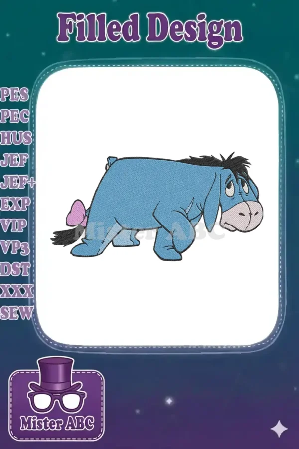 A delightful Eeyore embroidery design, featuring the beloved blue donkey with his signature pink bow and melancholic expression.
