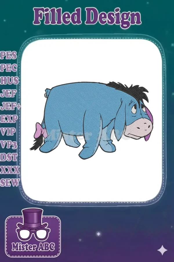 A full-color, detailed embroidery design of Eeyore from Winnie the Pooh, looking down with his characteristic expression.