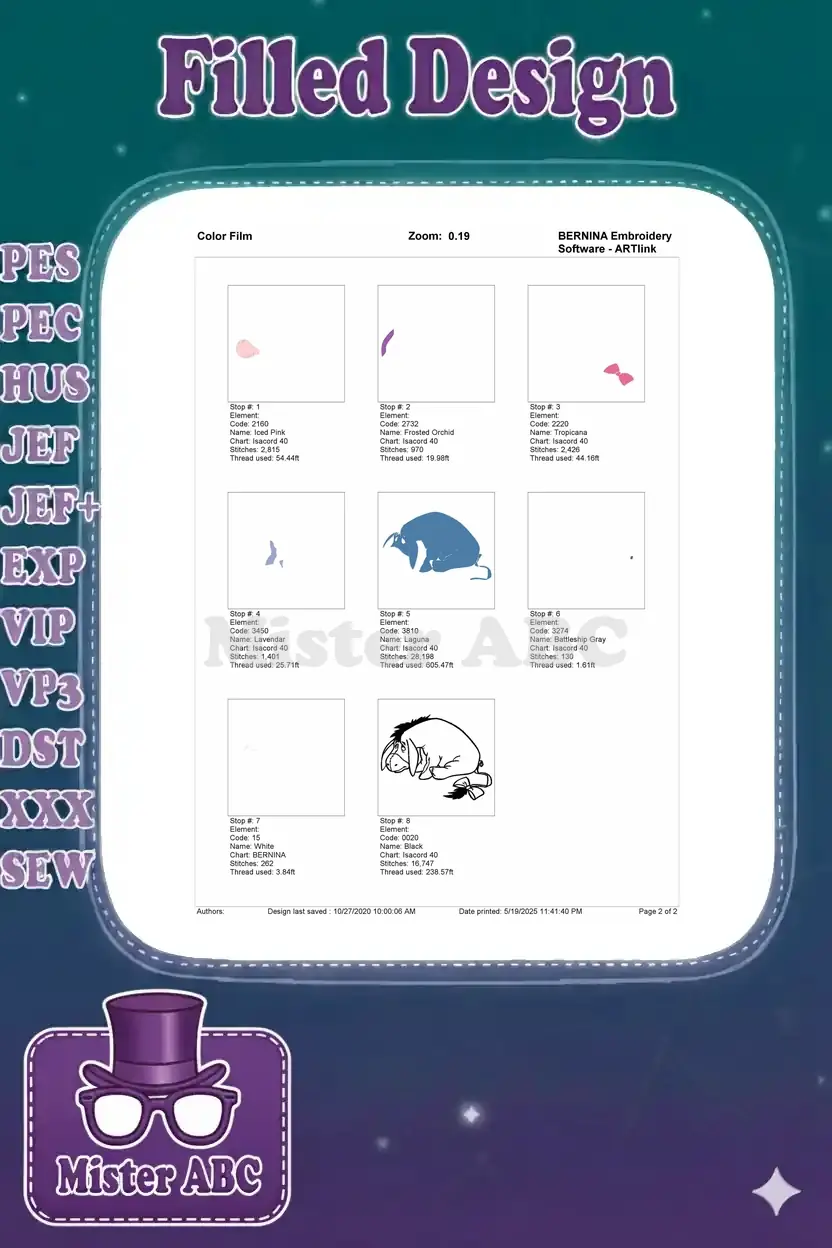 Color film sequence for Eeyore embroidery, showing each thread color's stitch progression and coverage.