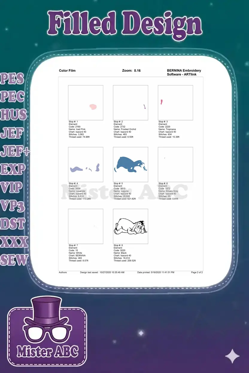 A color film breakdown showing the sequence of stitches and thread usage for the Eeyore embroidery design.