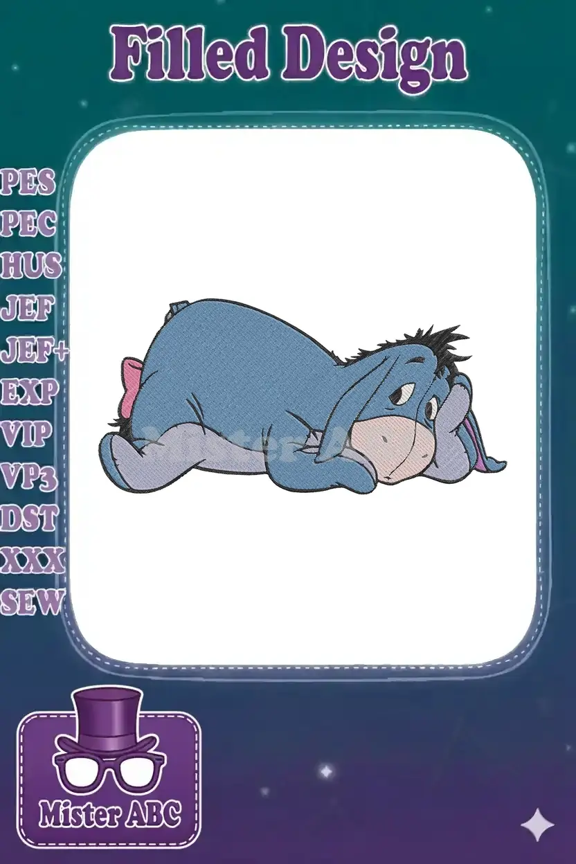 A detailed machine embroidery design of Eeyore, the grey donkey from Winnie the Pooh, lying down in a melancholic pose.