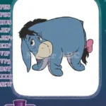 Melancholy Eeyore blue donkey character embroidery designs with pink bow - Instant Download