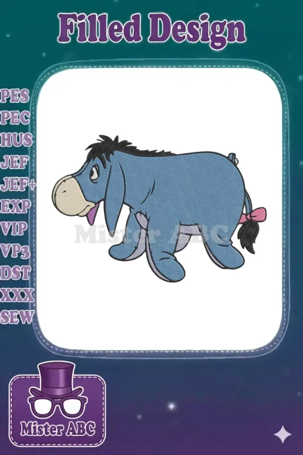A detailed embroidery design of Eeyore, the blue-grey donkey with a pink bow, from Winnie the Pooh.