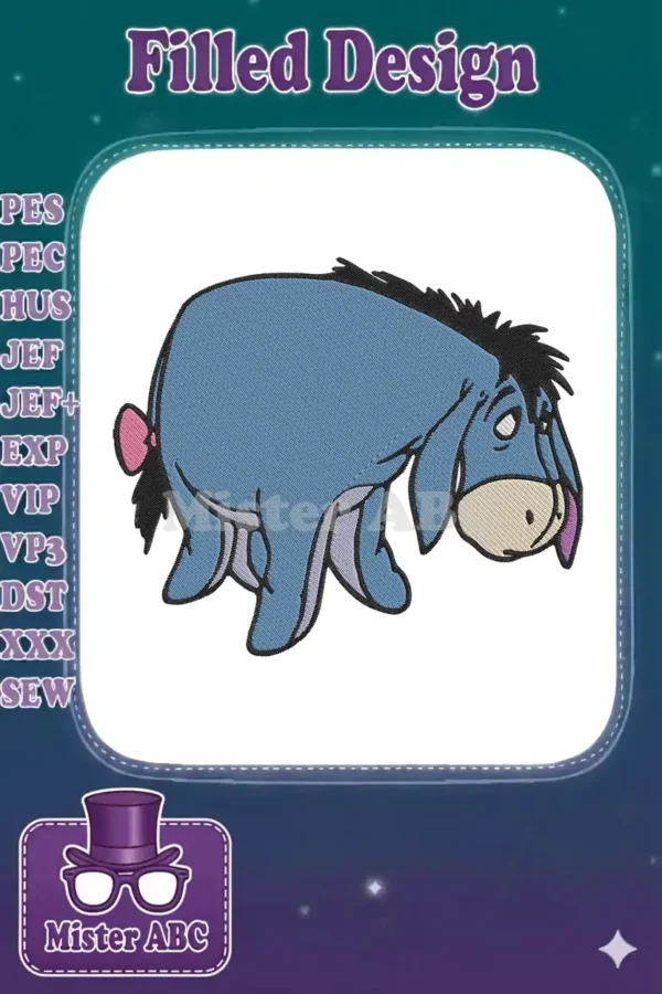 A detailed embroidery design of Eeyore, the beloved blue donkey, looking down with his classic melancholic expression.