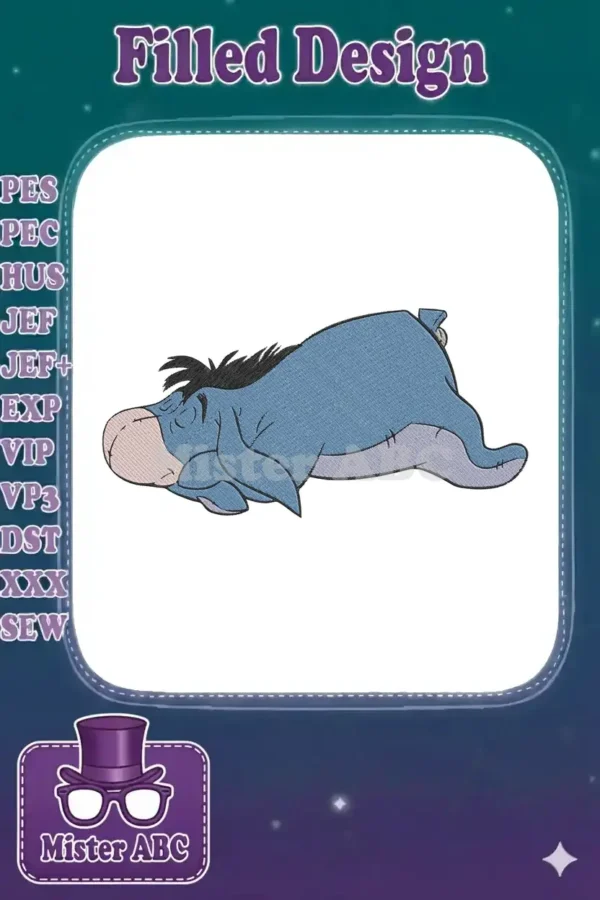 An embroidered design of Eeyore, the grey-blue donkey from Winnie the Pooh, lying down peacefully.