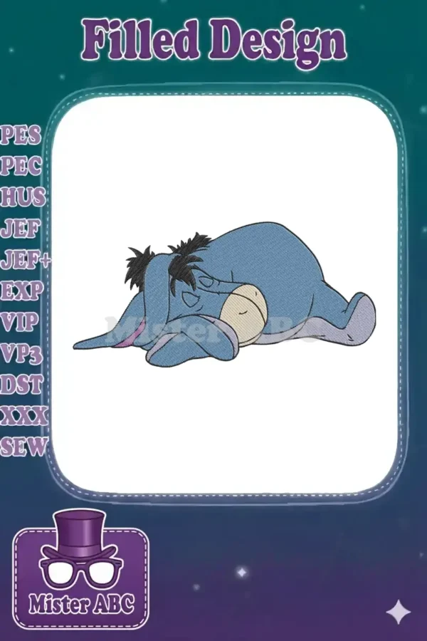 A charming machine embroidery design featuring Eeyore from Winnie the Pooh, peacefully sleeping on his side.