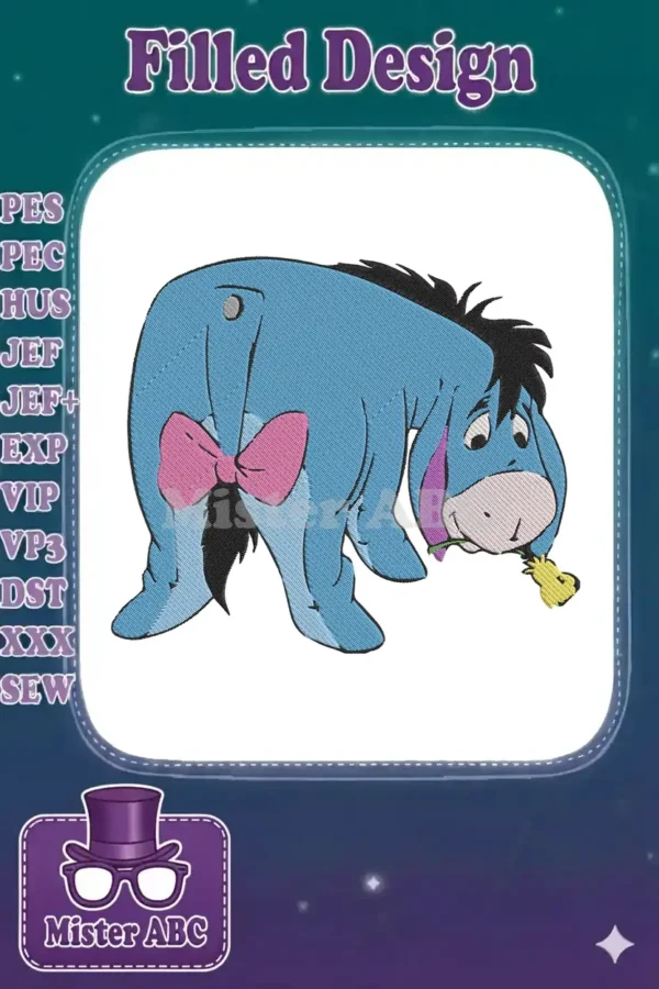 Adorable Eeyore embroidery design, a blue donkey with a pink bow on his tail and a yellow flower in his mouth.