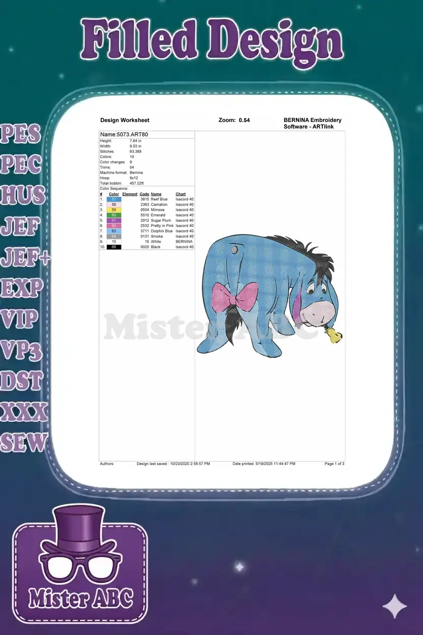 Detailed embroidery design worksheet for Eeyore, displaying dimensions, stitch count, color changes, and thread chart.