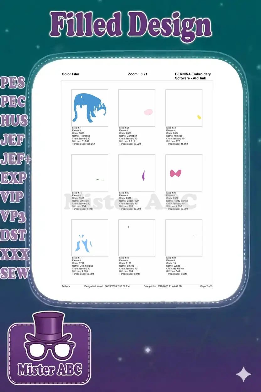 First page of the color film breakdown for Eeyore, showing individual elements like the blue body and pink bow.