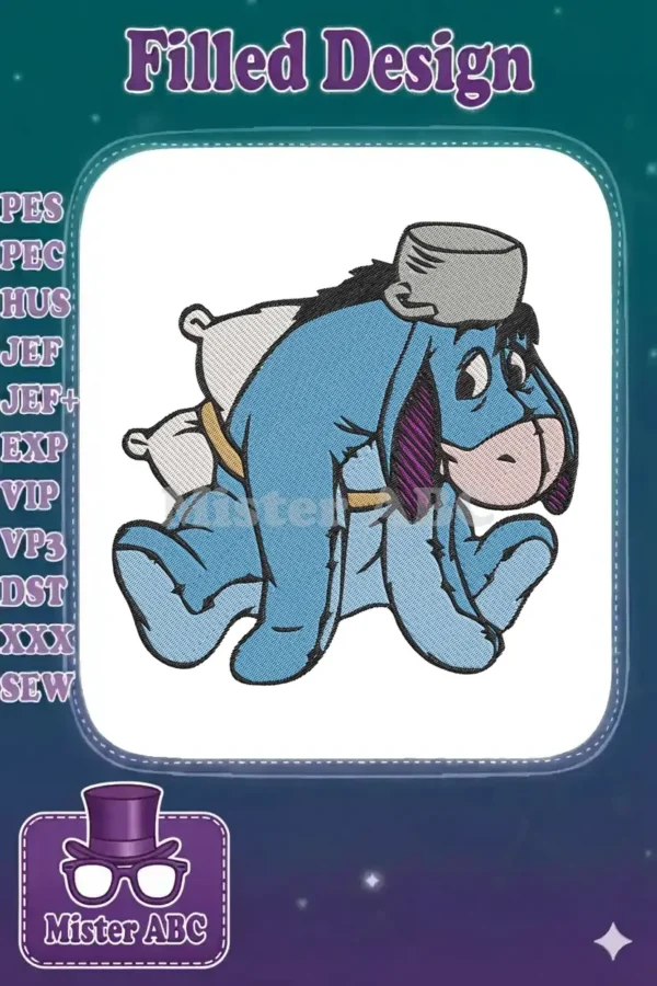 Detailed embroidery design of Eeyore, the blue donkey from Winnie the Pooh, with a pot on his head and pillows.