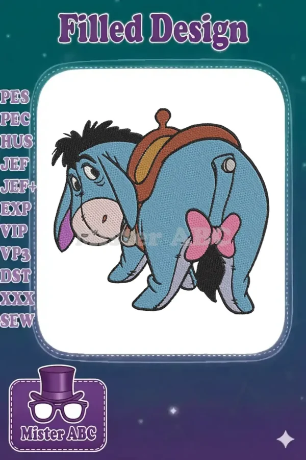 Eeyore embroidery design, showing the melancholy donkey from Winnie the Pooh with his pink tail bow.