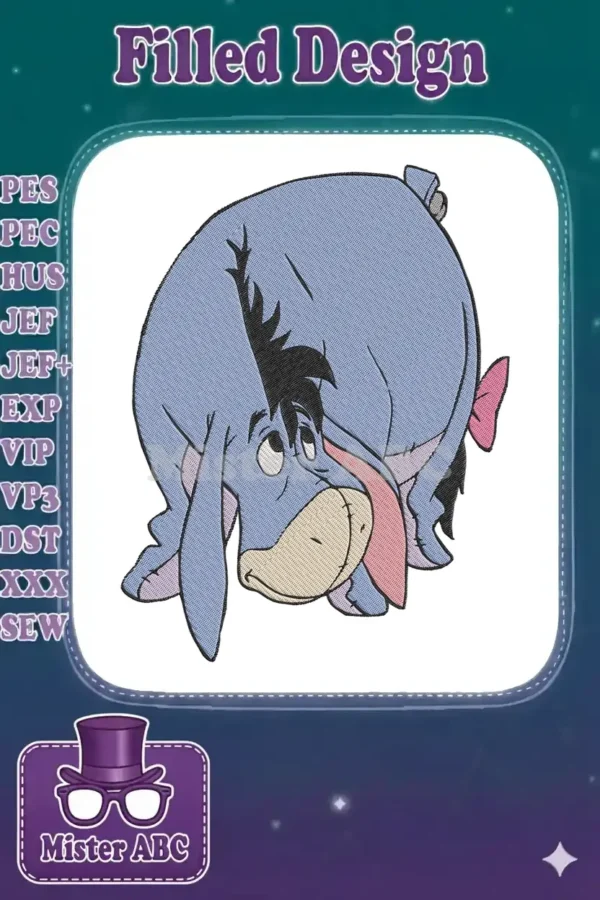 A digitally embroidered image of Eeyore from Winnie the Pooh, depicted lying down in his classic melancholic pose.