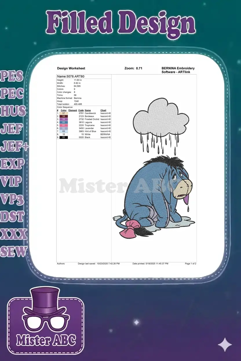A detailed embroidery design worksheet for Eeyore, showing size, stitch count, color sequence, and thread codes.