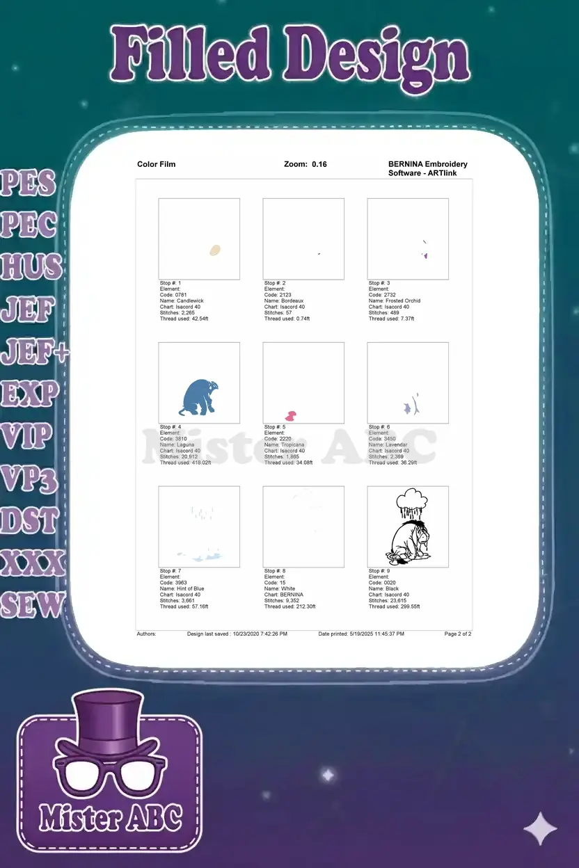 The color film breakdown of the Eeyore embroidery design, showing each color stop and stitch sequence.