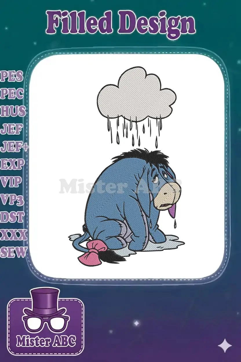 Eeyore, the beloved blue donkey, sits sadly under a small grey rain cloud with raindrops falling. His tail has a pink bow.