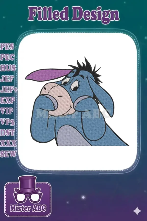 Close-up of a detailed embroidery design featuring Eeyore from Winnie the Pooh, showing his gentle, iconic expression.