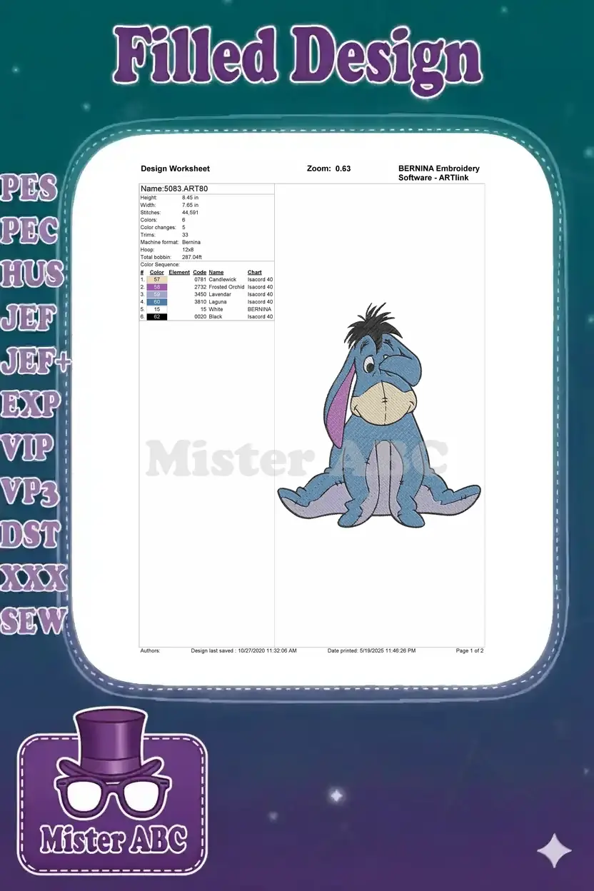 A detailed embroidery design worksheet for Eeyore, showing dimensions, stitch count, color sequence, and machine settings.