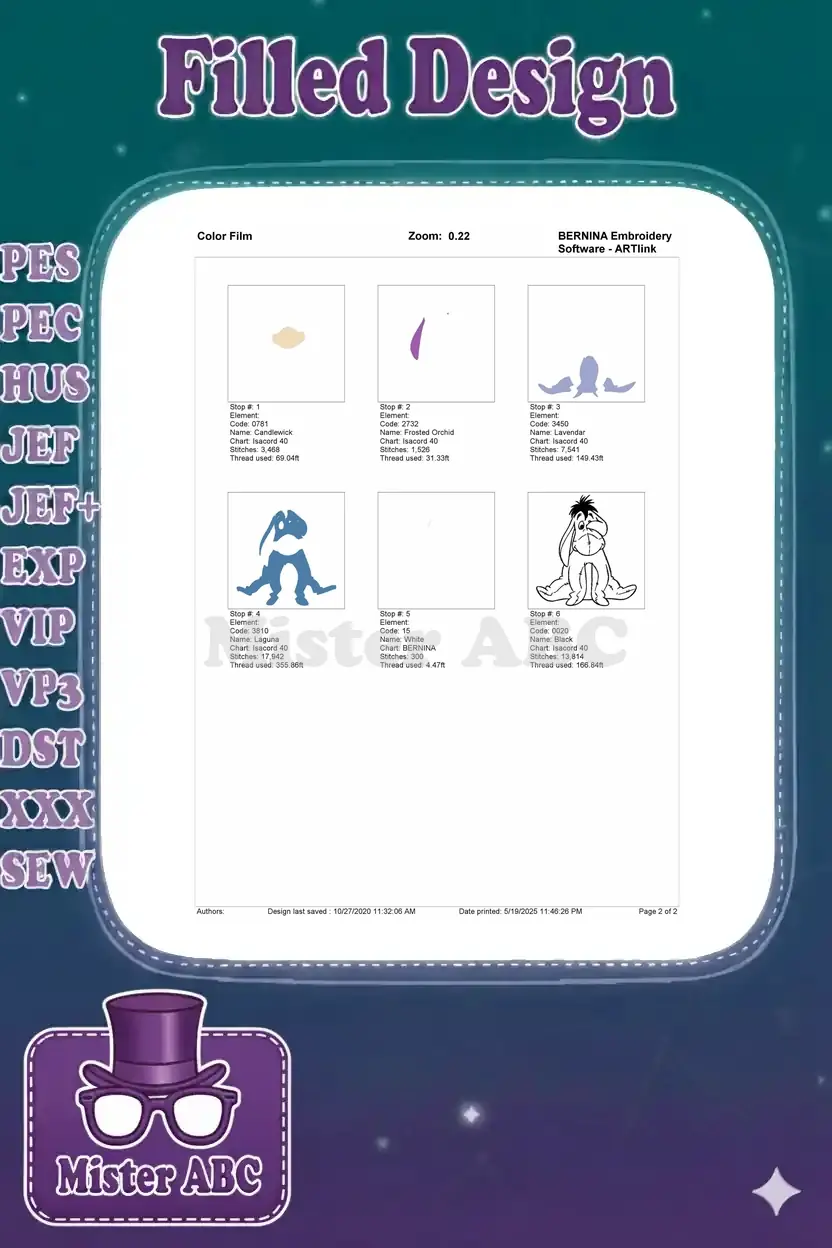 An embroidery color film demonstrating the step-by-step stitching process for the Eeyore design with thread details.