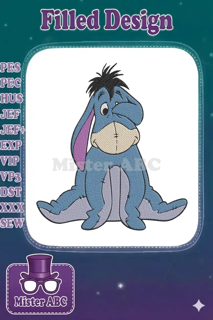 Eeyore embroidery design, featuring the beloved Winnie the Pooh character sitting with his melancholic expression.