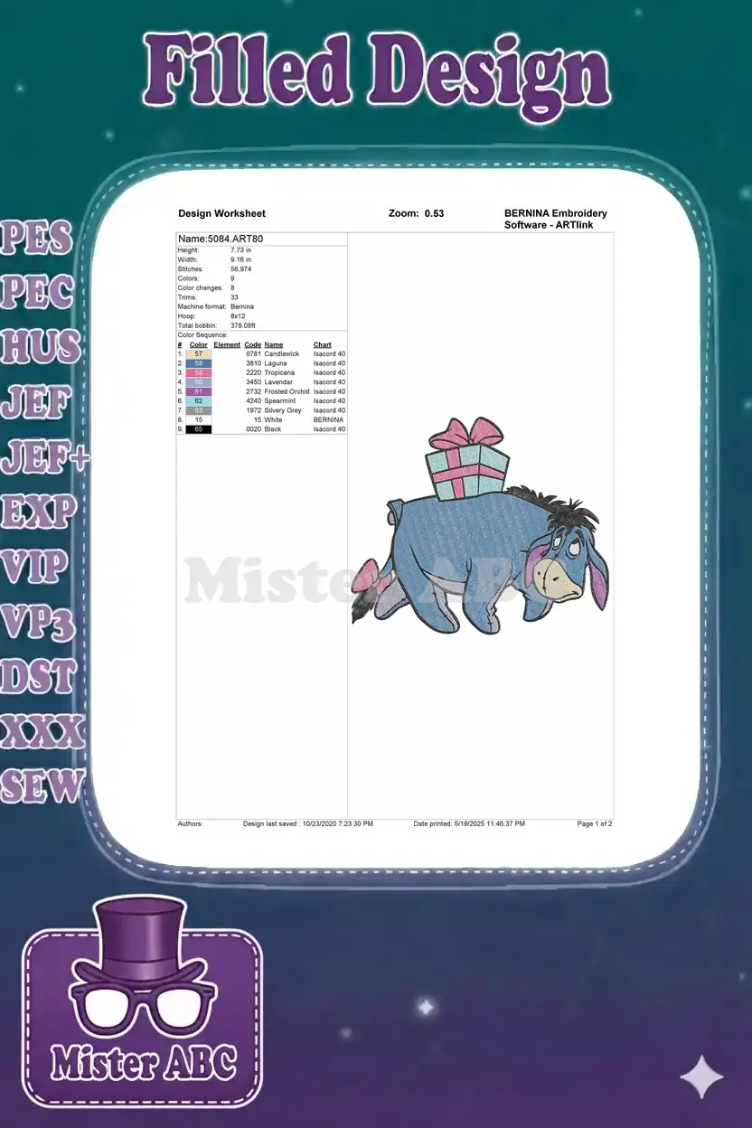 An embroidery design worksheet displaying Eeyore with a gift, detailing dimensions, stitch count, and color sequence.