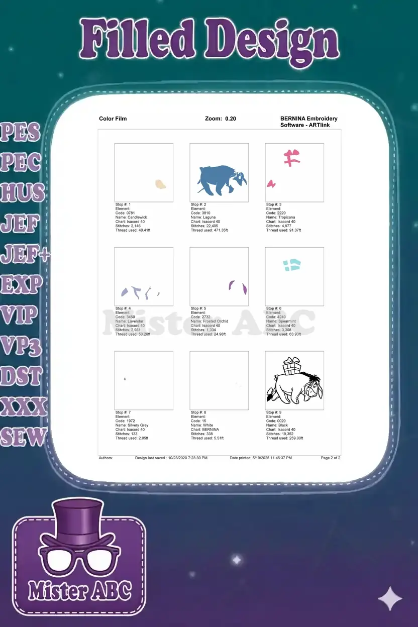 A color film breakdown for the Eeyore with Gift embroidery design, showing individual color stops and stitch progression.