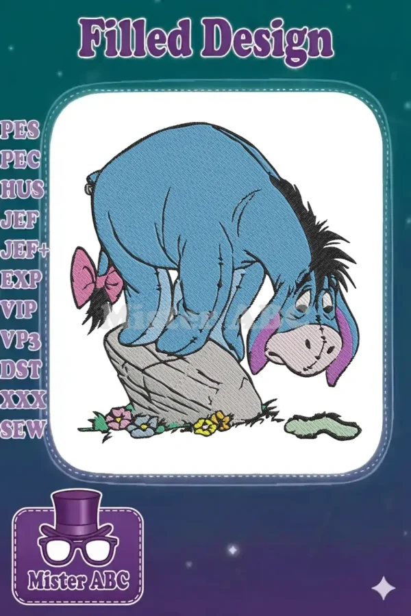 Detailed embroidery of Eeyore, the grey donkey from Winnie the Pooh, looking down from a rock with a pink bow.
