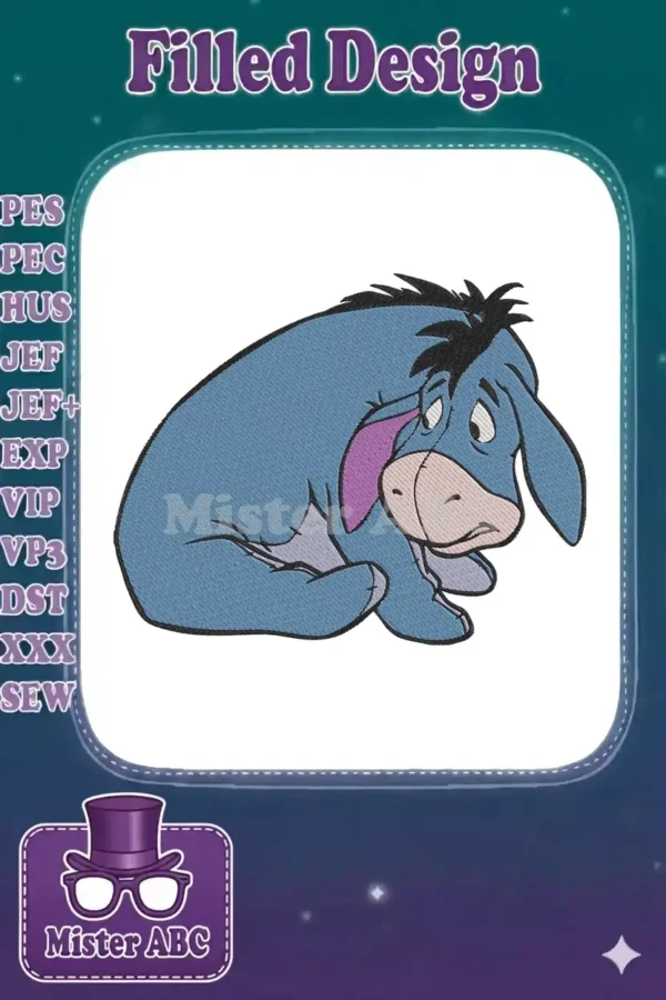 Embroidered Eeyore design, Winnie the Pooh character, depicted sitting with a classic sad, thoughtful expression.