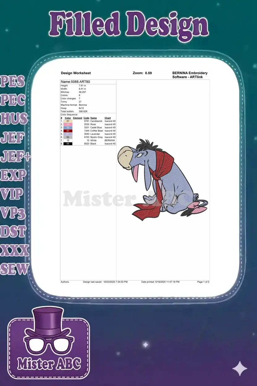 Embroidery design worksheet for Eeyore, showing size, stitch count, color sequence, and thread details.