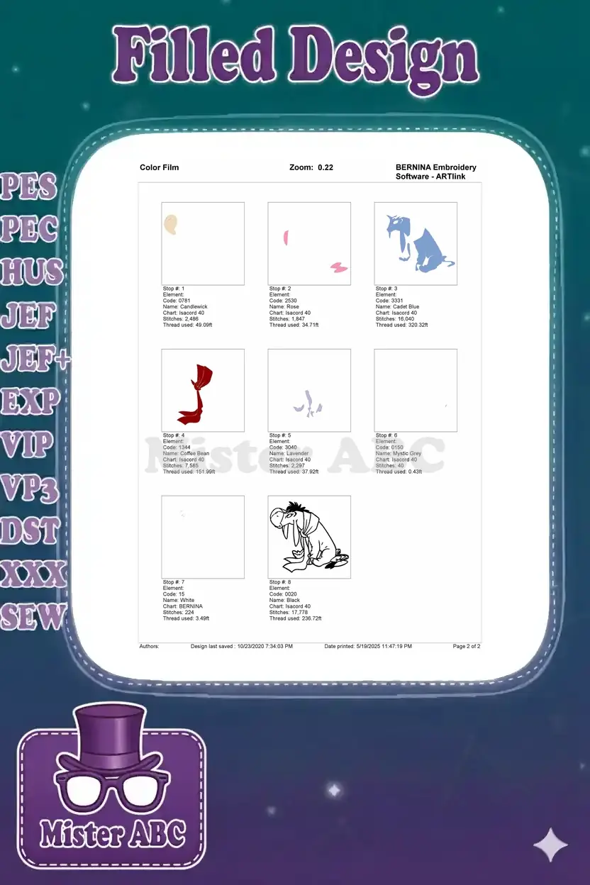 Color film breakdown for the Eeyore embroidery, detailing each color's stitch sequence and thread usage.
