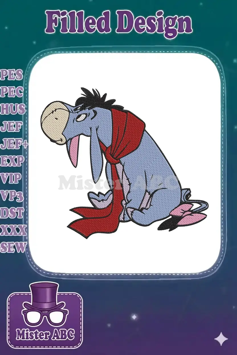Detailed machine embroidery design of Eeyore, the beloved donkey from Winnie the Pooh, sitting with a red scarf.