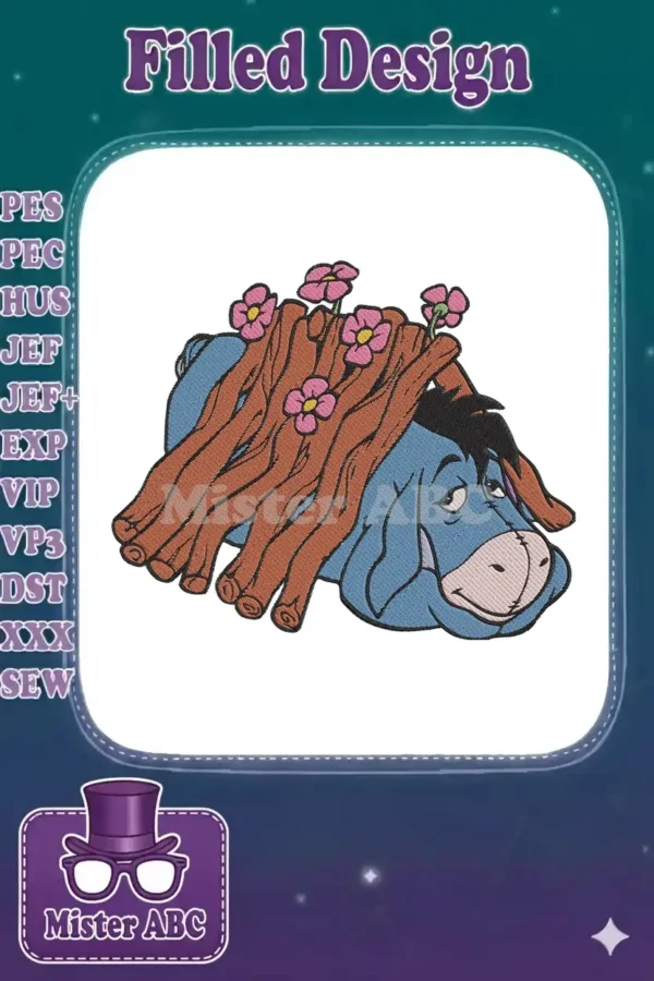 A charming embroidery design of Eeyore from Winnie the Pooh, resting under a log house adorned with pink flowers.