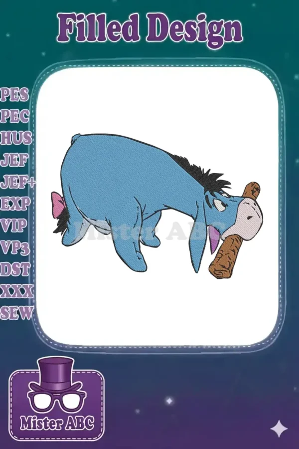 Detailed embroidery design of Eeyore, the beloved blue donkey, with his signature sad expression and pink bow.