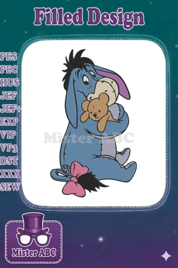 Eeyore, the beloved donkey from Winnie the Pooh, gently hugging a small brown teddy bear in a charming embroidery design.