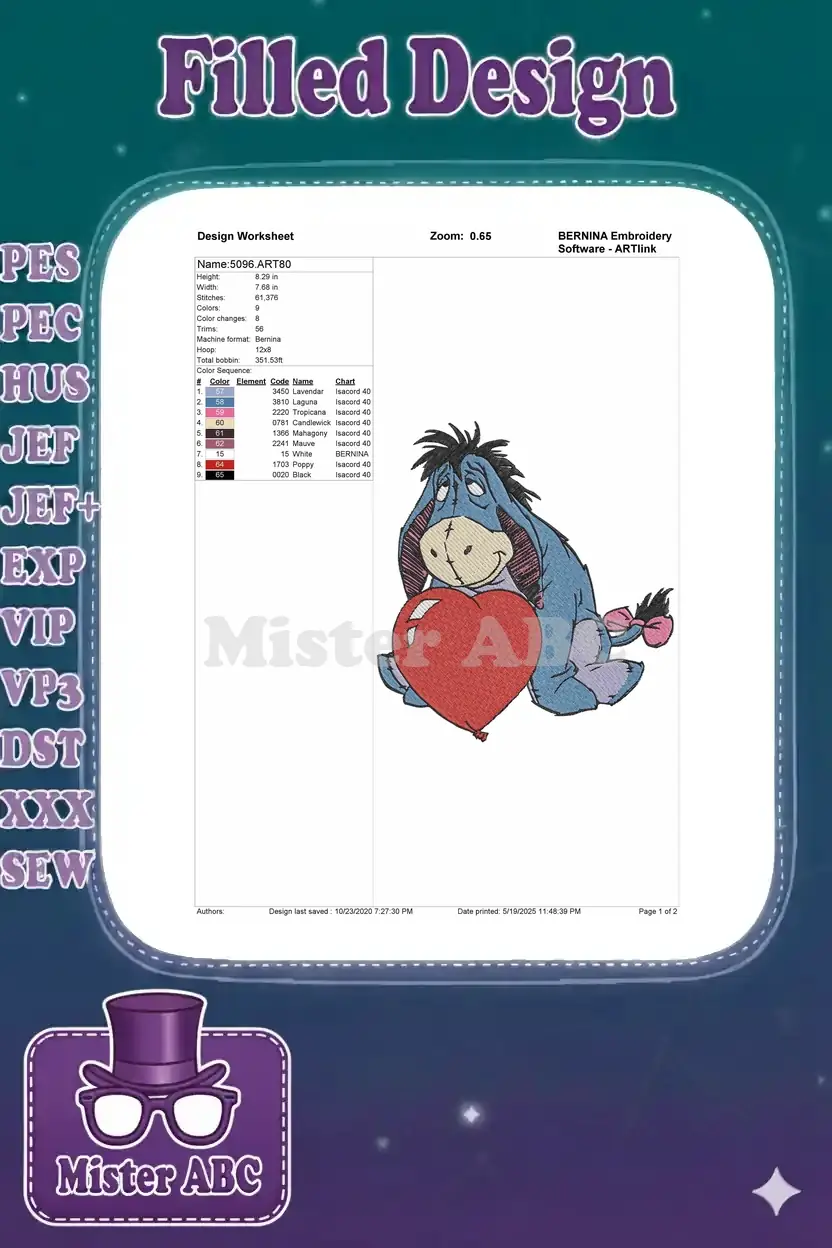 Embroidery design worksheet for Eeyore with heart, detailing dimensions, stitch count, color sequence, and thread information.
