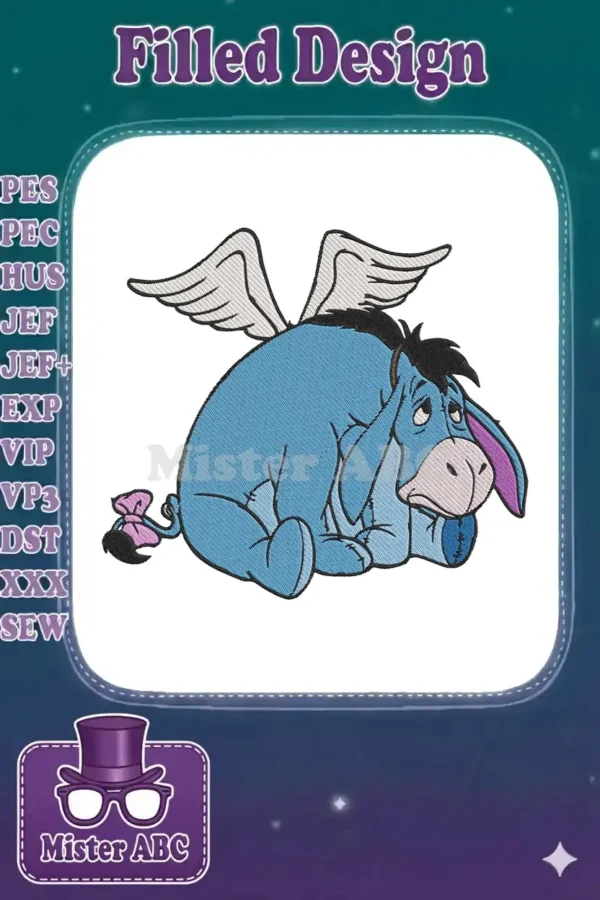 A detailed embroidery design of a winged Eeyore, featuring his classic blue hue and a pink bow on his tail.