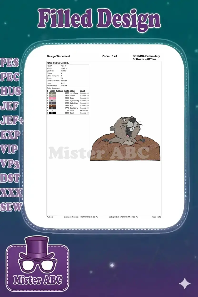 Embroidery design worksheet showing gopher dimensions, stitch count, color sequence, and thread details.