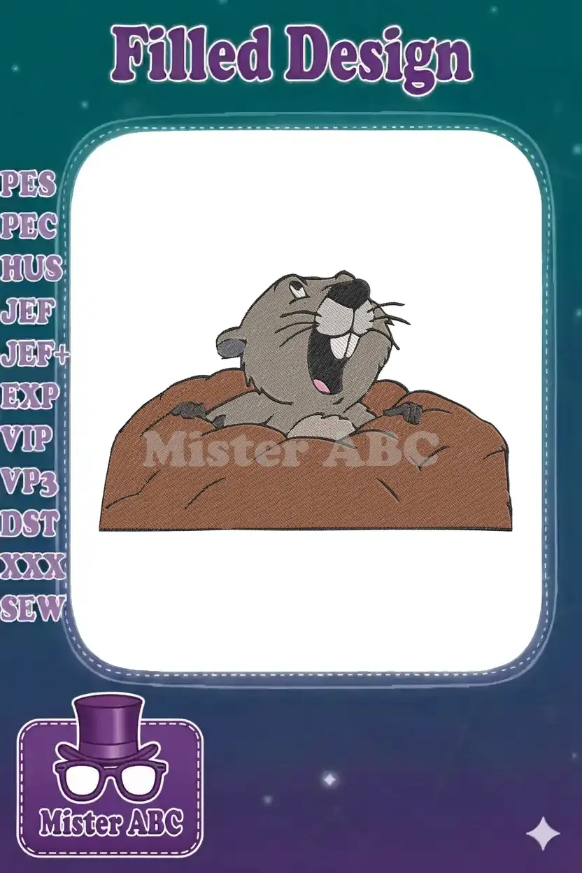 An excited cartoon gopher with an open mouth and teeth, peeking out from a brown dirt mound, embroidered design.
